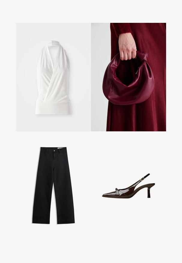 Witte mouwloze top met een wikkeldesign, gemaakt van zacht, lichtgewicht stof. Bevat een aansluitende band aan de onderkant en een strikband om de hals.; Zwarte denim broek met wijde pijpen en een hoge taille, voorzien van voor- en achterzakken, gestikte naden en een knoopsluiting. Gladde textuur.; Bruine gepatineerde leren slingback schoen met een spitse neus, lage hak en een decoratieve strikaccent aan de voorkant. Glad, glanzend oppervlak.; Bordeaux leren handtas met een zacht, gegathered ontwerp en een ronde vorm. De handgreep is stevig bevestigd en toont een gladde textuur.