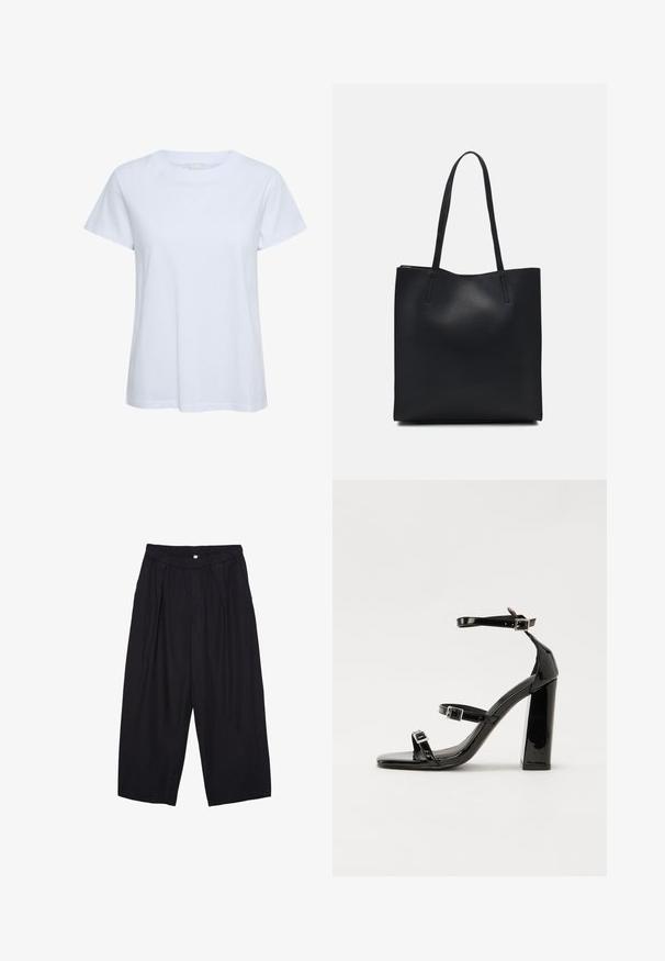 Bela kratka majica s kratkimi rokavi iz bombaža, z okroglo ovratnico in sproščenim krojem. Gladka tekstura brez vidnih vzorcev ali dodatkov.; Črne poliesterske culotte hlače z elastičnim pasom, dvema sprednjima nabiranjema in ohlapnim krojem. Brez vidnih vzorcev ali kovinskih detajlov.; Črne lakirane sandale s peto, kvadratnim prstom, trakovi okrog gležnja in srebrnimi zaponkami. Opremljene so s stabilno Debelo peto.; Črna usnjena torba s svilnato teksturo, pravokotne oblike in dvema dolgima ročajema. Brez vidnih metalnih delov ali okrasnih elementov.