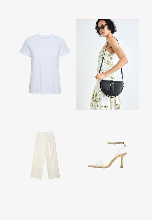 Bijela majica kratkih rukava od pamuka, s okruglim izrezom i opuštenim krojem. Glatka tekstura bez vidljivih uzoraka ili akcenta.; Hlače širokih nogavica od kremaste tkanine s glatkom teksturom, s jednim prednjim gumbom, suptilnim plitvicama i visokim strukom.; Sandal s prozirnim potplatom i prozirnim gornjim dijelom, bež uloškom i tankim remenom oko gležnja. Ima špicasti vrh i tanak visoki potplat.; Crna kožna torba s lukovitim oblikom, odvojivim remenom i zlatnim detaljima. Torba ima preklop s kopčom.