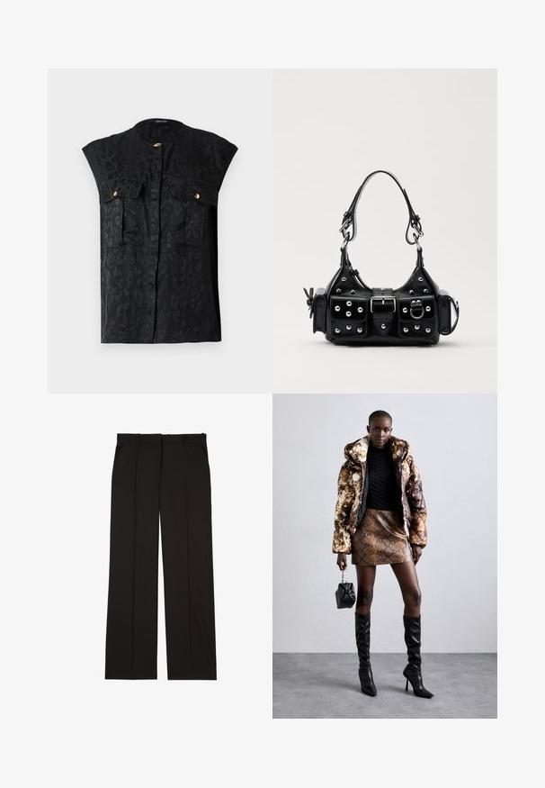 Fekete ujjatlan felső, finom leopárdmintával, két zsebével arany részletekkel és kerek nyakkivágással. Sima szövettextúra.; Fekete, sima anyagból készült, szabott nadrág, egyenes vonalú szabással és két oldalsó zsebbel. Elegáns és minimalista kialakítás.; Barna és fekete mintás puffjú dzseki, barna kígyóbőr mintás mini szoknyával, fekete térdig érő csizmával és egy kicsi fekete táskával párosítva.; Fekete bőr kézitáska ívelt designnal, ezüst szegecsekkel, csattal és két oldalsó zsebbel. Állítható vállpánt a hordozási lehetőségekhez.