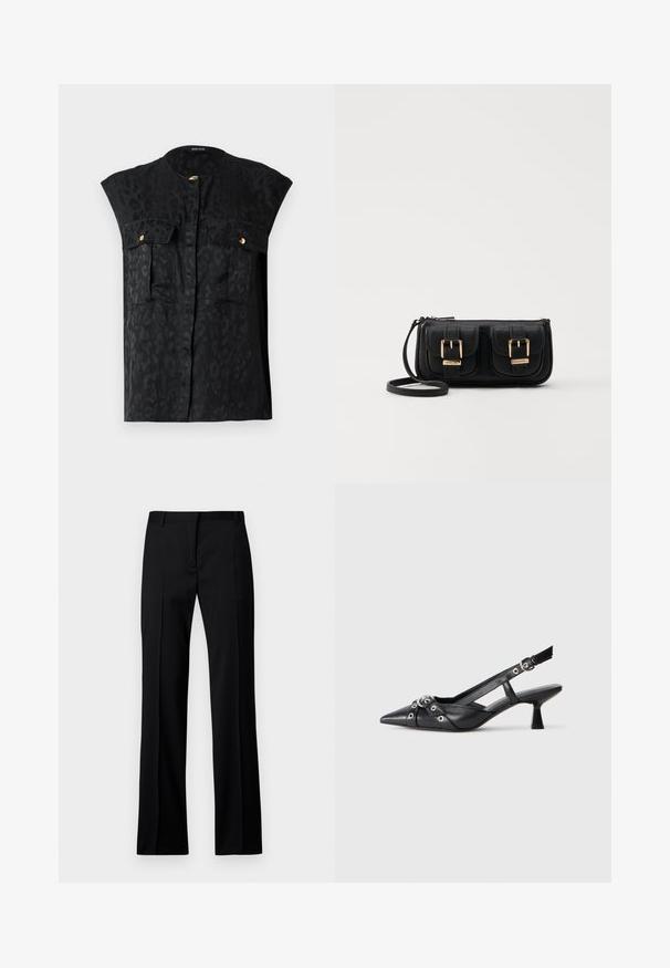 Must mustriga topp, millel on õrn leopardimuster, kaks rinna taskut kuldsete detailidega ja ümmargune kaelus. Sile kangatekstuur.; Mustad sirgedestikuga püksid sileda materjaliga, millel on lame eesmine osa, vöörihmade aasad ning nähtamatud taskud või dekoratiivsed elemendid.; Must must have must toote tõmblukuga, dekoratiivsed rihmad metallist silmadega ja madal blokk-kand. Tekstureeritud pind.; Must küllastamata nahast õlakott, millel on kaks esist nähtavat taskut, kuldsed pandlad, tõmblukuga sulgemine ja peen rihm. Tekstuuriga pind ja kompaktne ristkülikukujuline kuju.