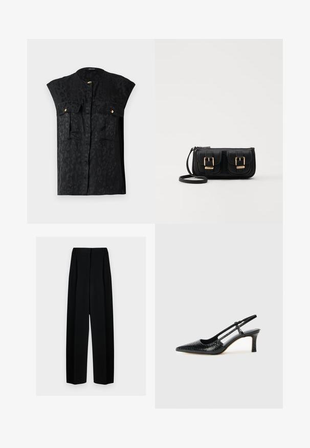 Melnā bezsvītru tops ar maigu leoparda rakstu, divām krūšu kabatām ar zelta akcentiem un apaļu kakla izgriezumu. Gluda auduma tekstūra.; Melni plati bikses ar augstu jostasvietu, kas papildinātas ar pudiem un gludu tekstūru. Audums izskatās viegls un eleganti krīt.; Melna patent āda ar slīdošo papēdi un smailo purngalu, ar teksturētu čūsku drukājumu, regulējamu siksniņu un īsu teksturētu blokpapēdi.; Melnas ādas crossbody soma ar divām priekšējām kabatām, zelta sprādzēm, ar rāvējslēdzēju aizdari un šauru siksnu. Strukturēta virsma un kompakta taisnstūra forma.