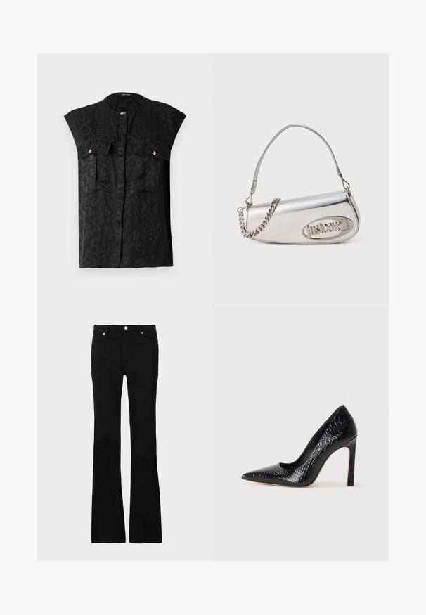 Black sleeveless top featuring a subtle leopard print, two chest pockets with gold accents, and a round neckline. Smooth fabric texture.; Black flared jeans made of denim, featuring two front pockets, a button closure, and a smooth texture. Signature stitching visible at seams.; Black pointed-toe high heel shoe with a crocodile-skin texture, featuring a sleek design, high stiletto heel, and smooth black interior.; Silver metallic handbag with a rounded triangular shape, featuring a logo, chain strap, and smooth texture. Zipper closure on the side.