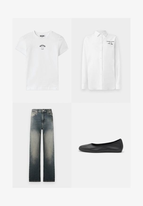 Hvit bomull T-skjorte med svart trykt logo på brystet med merkenavnet "MOSCHINO" og året "86-23," rund halslinning og korte ermer.; Hvit langermet knappshirt med krage og svart brodert tekst "Moschino Jeans" på øvre venstre bryst.; Høy midje rette jeans med falmet lys og mørk denimvask og klassisk fem-lommers design.; Svart skinnballettflatt med rund tå, glatt tekstur, minimal sømdetalj, og et fleksibelt såledesign.