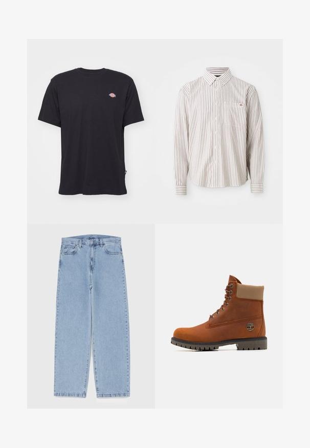 Svart bomulls T-skjorte med korte ermer, rund hals og lite fargerikt logo på venstre bryst. Har en rett søm.; Hvit skjorte med lange ermer, knapper og tynne vertikale røde striper, samt en brystlomme med en liten rød og blå logo.; Lyseblå denimjeans med rett ben-design, med mid-rise liv, fem lommer og knap og lynlås lukning.; Timberland Snørestøvletter - medium orange