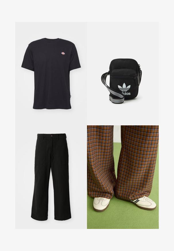 Crna pamučna majica s kratkim rukavima, okruglim izrezom i malim šarenim logotipom na lijevoj strani prsnog dijela. Ima ravni rub.; Crne široke hlače izrađene od mekog materijala, s prednjim džepovima i kopčanjem na dugme u struku. Minimalistički dizajn bez vidljivih uzoraka.; Smeđe i plave karirane široke hlače uparene s bijelim cipelama s crnim akcentima i teksturiranim potplatom, na zelenoj pozadini.; Crna crossover torba od tkanine sa zatvaračem, sa bijelim Adidas logotipom i prugastim podešivim remenom za lako nošenje.