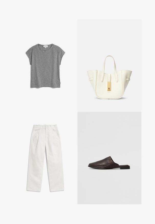 Zwart-wit gestreepte t-shirt met korte mouwen en een ronde hals, van lichtgewicht stof en met een rechte snit, met raglan mouwen.; Witte katoenen broek met geplooide voorkant, zijzakken en een cropped lengte. Afgewerkte rand bij de tailleband voegt textuur toe. Over het algemeen een gladde afwerking.; Zwarte instapschoen gemaakt van een textuurmateriaal met een reptielenpatroon, met een lage, vlakke hak en een ronde, open teenontwerp.; Witte leren tote bag met een gestructureerde vorm, prominente stiksels, gouden hardwarelabel en dubbele handgrepen. Gelaagde oppervlakte met zijzakken.