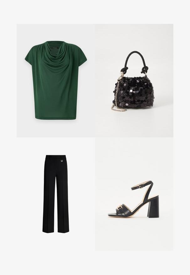 Groene top met drapering, gemaakt van lichtgewicht stof. Heeft een collerand en kapmouwen, met een zachte textuur en een losse pasvorm.; Zwarte wijde broek van een gladde stof. Voorzien van een knoopsluiting en een metalen accent in goudkleur op de tailleband. Rechte, op maat gemaakte pasvorm.; Zwarte hielsandalen van soepel leer, met een vierkante neus, enkelbandje en een gouden accent aan de voorkant.; Zwarte pailletten mini handtas met een geknoopte textuurriem en zilveren ketting. Rondvormig met een geplooide bovenkant en reflecterende details.