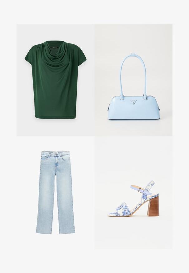 Top verde drapat, realizat dintr-un material ușor. Prezintă un guler tip cowl și mâneci scurte, cu o textură netedă și o croială lejeră.; Jeans denim de culoare albastru deschis, cu picioare largi, talie înaltă, cinci buzunare și închidere cu nasturi. Prezintă detalii minime de cusătură.; Sandale cu imprimeu floral albastru, cu vârf pătrat, o curea lată și o curea ajustabilă la gleznă, având un toc bloc din lemn texturat.; Geantă de mână bleu deschis, cu o formă structurată, din piele netedă, două mânere și un logo de brand triunghiular pe față. Închidere cu fermoar.