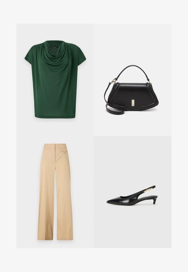Zeleni drapirani top od laganog materijala. Ima izrez s volanom i rukave na kapicu, sa glatkom teksturom i slobodnim krojem.; Bež hlače širokih nogavica napravljene od mješavine pamuka. Imaju glatku teksturu, elastičnu elastiku u struku i detalj gumba sa strane.; Crne kožne sandale s petom, s izduženim vrhom, imaju usku petu i zlatni akcent na podesivoj traci. Glatka tekstura.; Crna kožna torba s strukturiranim dizajnom, s krojenim oblikom, gornjom drškom i zlatnim detaljima. Uključena je podesiva ramena traka.