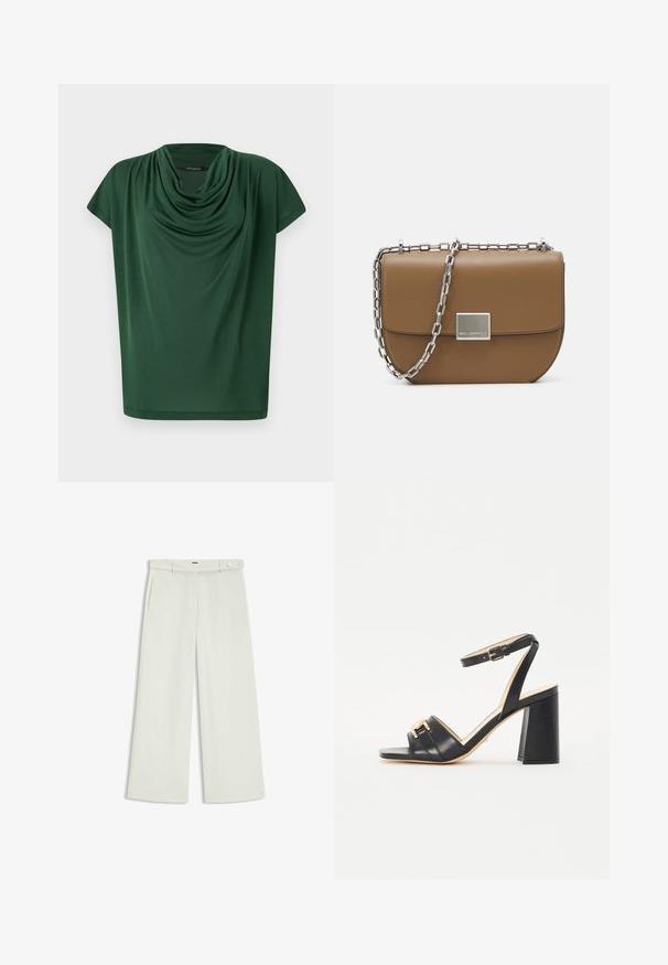 Groene top met drapering, gemaakt van lichtgewicht stof. Heeft een collerand en kapmouwen, met een zachte textuur en een losse pasvorm.; Wijde broek in licht crèmekleurige stof, met zijzakken, een platte voorkant en een enkele knoopsluiting bij de taille. Glad van textuur.; Zwarte hielsandalen van soepel leer, met een vierkante neus, enkelbandje en een gouden accent aan de voorkant.; Bruine lederen crossbody tas met een gebogen vorm, zilveren kettingriem en een vierkante metalen sluiting aan de voorkant.