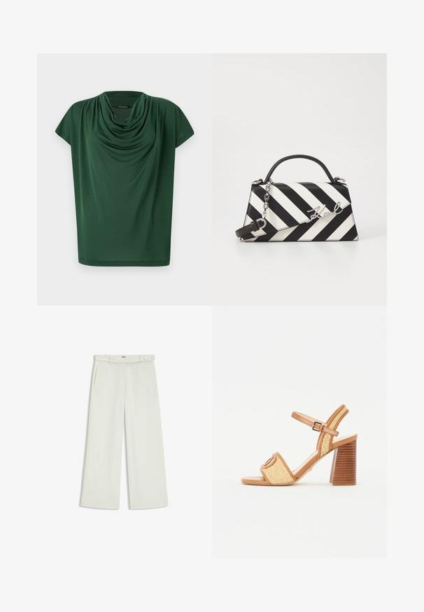 Grünes, mit Leichte ausgestattetes Oberteil. Es hat einen Rollkragen und kurze Ärmel, mit einer glatten Textur und lockerer Passform.; Weite Hose aus zartem Creme-Stoff, mit seitlichen Taschen, flatem Bund und einer Knopfverschluss an der Taille. Glatte Textur.; Braune Leder- und geflochtene Stroh-Absatzsandalen mit einem Knöchelriemen, offenem Zeh und einem klobigen Holzähnlichen Absatz mit horizontalen Streifen.; Schwarz-weiße gestreifte Handtasche mit strukturierter Form, ausgestattet mit einem oberen Griff, einem abnehmbaren Kettenriemen und einem metallischen Logo-Detail.
