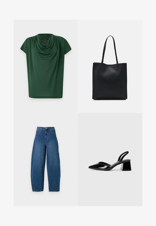 Top verde drapeado hecho de tela ligera. Presenta un escote drapeado y mangas tipo capa, con una textura suave y un corte holgado.; Jeans de denim en un lavado azul medio, con una cintura alta, corte de pierna ancha y diseño estándar de cinco bolsillos con detalles de costura visibles.; Zapatos de tacón slingback de charol negro con punta afilada y tacón geométrico en bloque. Presentan un diseño elegante y minimalista, así como una textura suave.; Bolso tote de cuero negro con textura lisa, forma rectangular y dos asas largas. Sin herrajes ni adornos visibles.