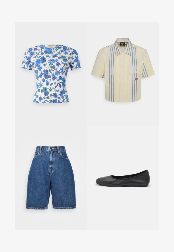 Camiseta de manga corta en tejido ligero, con un patrón floral en azul y verde sobre un fondo blanco, con una silueta ajustada.; Camisa de mangas cortas recortada en amarillo claro con rayas verticales verdes y en tonos pastel. Presenta dos bolsillos en el pecho y un parche con el logo en el bolsillo izquierdo.; Shorts de mezclilla de tiro alto, en un color azul oscuro. Presentan un estilo clásico de cinco bolsillos, corte recto y dobladillo doblado. Material de algodón.; Bailarina de piel negra con punta redondeada, textura suave, detalle de costura minimalista y diseño de suela flexible.