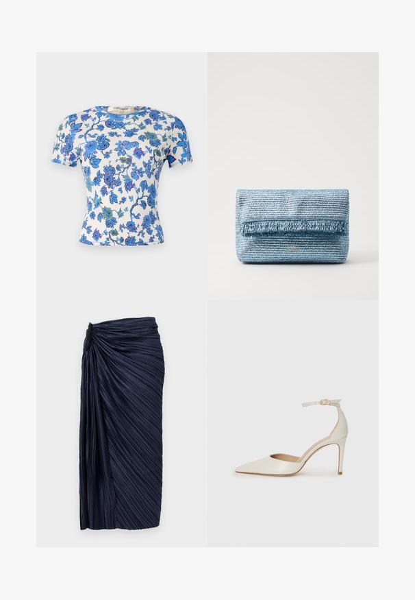Kortärmad t-shirt i lättviktsmaterial, med ett blommönster i blått och grönt på vit bakgrund, med en figurnära silhuett.; Mörkblå midikjol med plisseringar och rynkad textur vid midjan, med vertikala veck och en slät finish, designad i en figurnära silhuett.; Vit läderhögklackad sko med spetsig tå, ankelrem och en smal stilettklack. Slät textur med diskret glänsande finish.; Ljusblå vävd kuvertväska med en texturerad yta och fransdetaljer framtill. Har en slank rektangulär form och diskret varumärkeslogotyp.