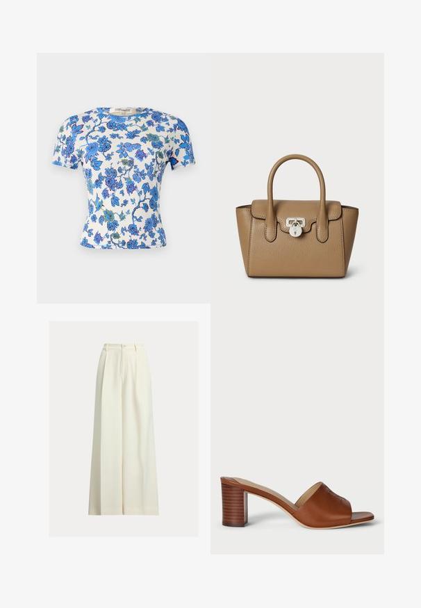 Lühikesed varrukad t-särk kergest kangast, millel on lillemuster sinise ja rohelisega valgel taustal ning keha lähedal sobiv siluett.; Kreemjas laiade säärtega püksid, mis on valmistatud siledast kangast, kõrgendatud vöökohaga, kahe esikortsuga ja ühe nööpklõpsuga sulguriga.; Pruun nahast kontsaga klotsid laia avatud varbaga, kaardus ülaosaga ning kihilise tsilindrist kontsaga, millel on horisontaalsed jooned.; Lauren Ralph Lauren PEBBLED LEATHER SMALL TANNER SATCHEL - Käekott - camel