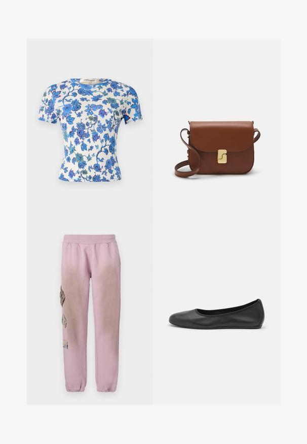 Īsām piedurknēm T-krekls no viegla auduma, ar ziedu rakstu zilā un zaļā krāsā uz balta fona, ar pieguļošu siluetu.; Rozā sporta bikses ar elastīgu jostu, kurām labajā pusē ir dekoratīvi uzliktni dimanta formā un elastīgas apkakles pie potītēm.; Melna ādas baleta kurpe ar noapaļotu purngalu, gludu tekstūru, minimālu šuvju detalizāciju un elastīgu zoles dizainu.; Bordo ādas rokas soma ar atloku, zeltītām detaļām, plecu siksnu un gludu virsmu. Kompakta, taisnstūrveida forma.