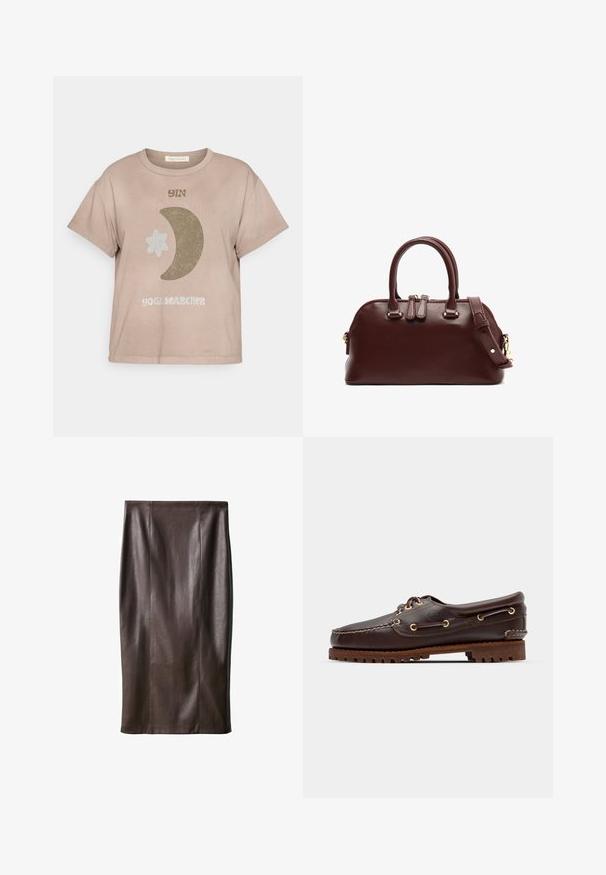 Kortærmet, taupe bomulds t-shirt med "YIN" tekst, en halvmåne og stjernegrafik i jordfarver. Har en afslappet pasform.; Brun læderblyantskørt med en glat tekstur, knælangt, med vertikale sømme for design. Ingen yderligere hardware eller accenter.; Brune læder bådsko med gyldne øjer, runde snørebånd og en struktureret brun gummisål. Har quiltede detaljer og et forhøjet logo.; Bordeaux læder håndtaske med to top håndtag, aftagelig skulderrem, guld hardware detaljer og en afrundet form. Lynlås lukning.