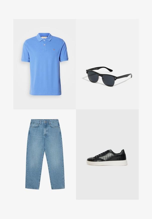 Blå polo skjorte lavet af bomuld, med en klassisk krave, to-knaps lukning og et broderet logo på brystet. Korte ærmer.; Lys blå denim wide-leg jeans med høj talje, der har fem lommer, bæltestropper og en blød, let falmet tekstur.; Sorte sneakers med en struktureret krokodillepræget læderoverdel, rund tå og en kontrasterende hvid gummisål med en glat finish.; Sorte solbriller med rektangulær form, mørke linser, sølvdetaljer ved tindingerne og en mat finish på stellet.