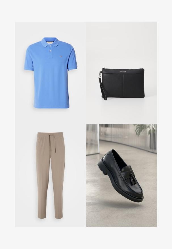 Modra polo majica iz bombaža, z običajnim ovratnikom, z dvema gumboma in vezenim logotipom na prsih. Kratki rokavi.; Svetlo bež hlače z elastičnim pasom, nastavljivo vrvico in ozkimi nogami. Tkanina se zdi gladka z rahlim sijajem.; Črni usnjeni mokasini z gladkim zaključkom, dekorativnimi cofki, debelim gumijastim podplatom in všitimi poudarki. Lahka in elegantna zasnova.; Črna sintetična torbica s snemanjem na zadrgo, zapestno zanko in gladko teksturo. Ima diskretno šivanje in logotip vtisnjen na sprednji strani.