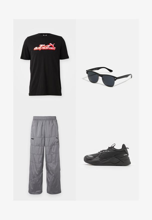 Svart bomull T-skjorte med et dristig rødt og hvitt grafisk design med teksten "Play different!" og et logo-element. Korte ermer og rund hals.; Grå puffbukser med elastisk midje, med quiltede designlinjer og en liten svart logo på venstre lår. Lett materiale.; Svart sneakers med en teksturert overdel, som har mesh og syntetiske materialer, en tykk såle og reflekterende detaljer for synlighet.; Sorte solbriller med rektangulær form, mørke linser, sølvfargede detaljer ved templene, og en matt finish på rammen.