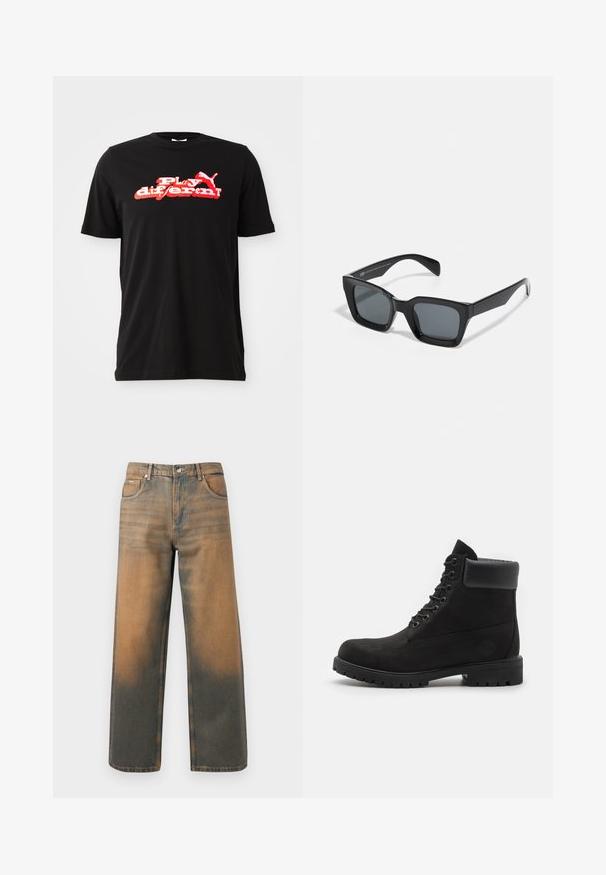 Tricou din bumbac negru, cu un design grafic îndrăzneț în roșu și alb, având textul "Joacă diferit!" și un element de logo. Mâneci scurte și gât rotund.; Jeans evazați din denim albastru și maro distrus. Prezintă un talie înaltă, buzunare frontale și o închidere clasică cu buton, cu accente metalice.; Cizmă neagră cu șireturi, până la glezne, cu guler căptușit și talpă robustă, prezentată din profil pe un fundal alb.; Ochelari de soare rectangulari negri cu lentile întunecate. Ramă din plastic cu un finisaj lucios, având un pod lat și brațe ușor înguste.