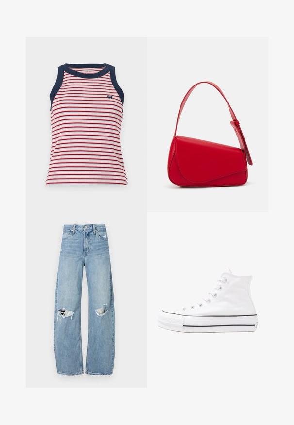 Hihaton paita, jossa on punaisia, valkoisia ja sinisiä vaakaraitoja, ja tummansiniset reunukset kaula-aukossa ja kädenteissä. Pehmeä ribbitekstuuri.; Kukkakuvioinen paita pitkillä puff-hihoilla, vaalean kerma pohja, jossa on violetteja, oransseja ja vihreitä kukkakuoseja sekä klassinen kaulustyyli.; Vaaleansiniset, korkeavyötäröiset farkut, jotka on valmistettu denimmateriaalista. Ominaisuuksiin kuuluvat leveät lahkeet, kaksi revittyä polvialuetta ja klassinen viiden taskun tyyli.; Valkoiset korkeavartiset kangaskengät mustalla kumipohjalla, edessä kuminen varvasosa ja kuusi nauha-aukkoa, puhtaan minimalistisella muotoilulla.; Punainen nahkalaukku, jossa on kulmikas, geometrinen muotoilu. Varustettu yhdellä säädettävällä hihnalla ja läpällä, jossa on ommeltu yksityiskohtia.