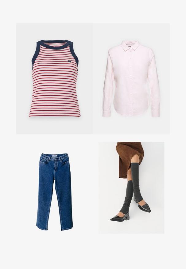 Striped tank top featuring red, white, and blue horizontal stripes, with navy blue trim on the neckline and armholes. Soft ribbed texture.; Light pink long-sleeve shirt with a button-down collar, featuring a straight hem and soft texture, made from lightweight cotton fabric.; Blue denim wide-leg jeans with a high waist, featuring front pockets, contrasting stitching, and a relaxed fit.; Black patent leather pointed-toe shoes with a block heel and ankle strap, paired with gray ribbed leg warmers and a brown suede skirt.