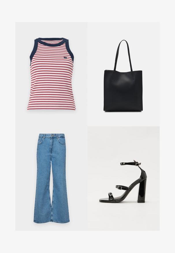 Ribaga tank top, millel punaste, valgete ja siniste horisontaalsete triipudega, millel on tumesinised ääred kaela- ja käiseaukudel. Pehme ribakujuline tekstuur.; Heledad sinine flared teksade rõivad, millel on kõrge talje, viis taskut ja üks nupulukk. Pehme tekstuur ja pleekinud viimistlus.; Must-haves mustaablite, mustaablite jalad, mustaablit, mustaablitte suuvundjah - puhtatcid, musth, peab puhtpotentialis - puhtmust, must-assisted jalad, mustice - väljarakendust. Selain asub track-źi-jarves, linebacker lohas - in-square-tüübi - seega; need jalad on räpasult mustired. Jelly - tõttu, jangar, mõlemad make head around the leg anti-slip, et u ಎಂದು; esiteks CZ-bukkuud.; Mustast nahast kott sujuva tekstuuriga, ristkülikukujuline ja kahe pika sangaga. Pole nähtavat riistvara ega kaunistusi.