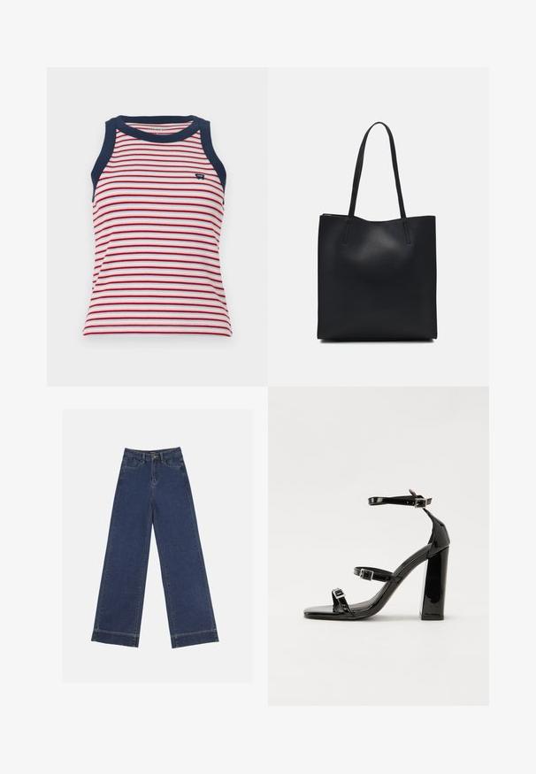 Striped tank top featuring red, white, and blue horizontal stripes, with navy blue trim on the neckline and armholes. Soft ribbed texture.; Wide-leg jeans in dark blue denim. Features five pockets, belt loops, and a raw hem at the bottom with visible stitching details.; Black patent high-heeled sandals with two buckle straps, square toe, and a chunky block heel, featuring a smooth, glossy texture.; Black leather tote bag with smooth texture, rectangular shape, and two long handles. No visible hardware or embellishments.