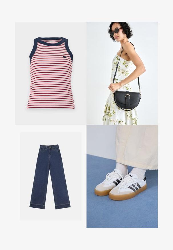 Striped tank top featuring red, white, and blue horizontal stripes, with navy blue trim on the neckline and armholes. Soft ribbed texture.; Wide-leg jeans in dark blue denim. Features five pockets, belt loops, and a raw hem at the bottom with visible stitching details.; White sneakers with black stripes and beige suede accents. Feature a textured gum sole and flat white laces, worn with light-colored socks.; Black leather handbag with a curved shape, detachable strap, and gold hardware. The bag features a flap with a buckle detail.