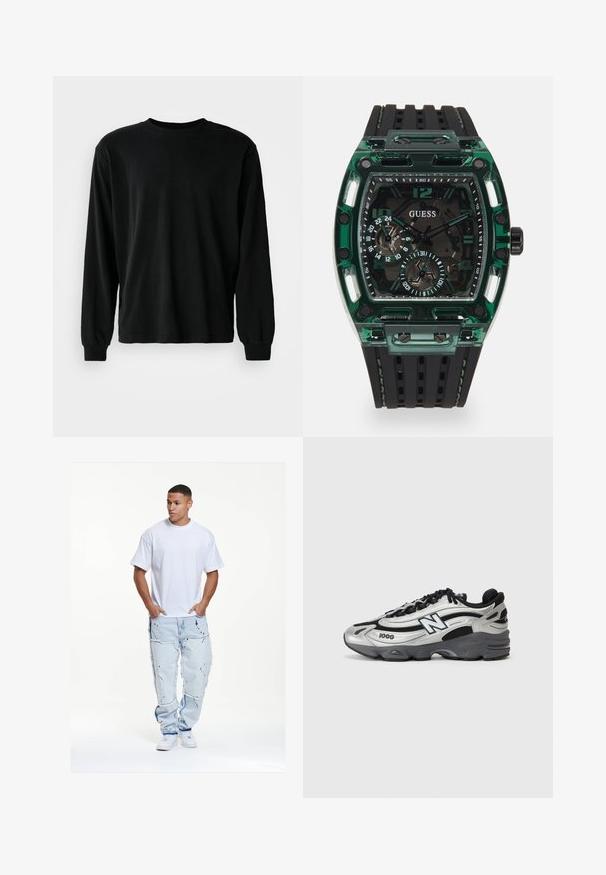 Czarna koszula z długim rękawem, wykonana z bawełny, z okrągłym dekoltem, luźnym krojem i dopasowanymi mankietami, o gładkiej teksturze i bez widocznych wzorów.; Biała bawełniana koszulka typu oversize, zestawiona z jasnoniebieskimi, zniszczonymi dżinsami z postrzępionymi krawędziami i akcentami czarnej farby.; Srebrne i czarne buty sportowe z siateczkową cholewką, amortyzowaną podeszwą, wiązanym zapięciem i bocznym logo.; Zegarek Guess z prostokątną, zieloną plastikową kopertą, czarnym, teksturowanym paskiem z gumy oraz wieloma tarczami z wyraźnymi cyframi i akcentami.