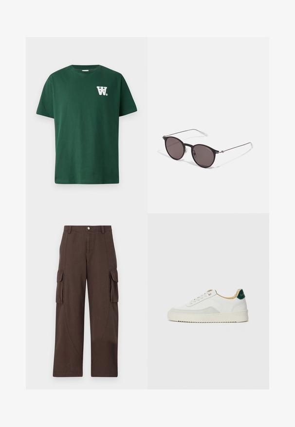 Grøn bomulds t-shirt med rund halsudskæring og korte ærmer, prydet med et hvidt "W" logo på venstre bryst. Enkel design uden mønstre.; Han Kjøbenhavn CARGO TROUSERS - Cargobukser - dark brown; Hvide sneakers med ruskindsdetaljer, rund tå, flade snørebånd og en cremet gummisål. Har grøn branding på hælen.; Sorte runde solbriller med mørke linser og slanke metalarme. Inkluderer klare tempeltips og sølvdetaljer ved hængslet. Minimalistisk design.