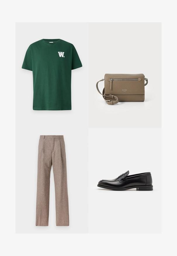 Groene katoenen t-shirt met een ronde halslijn en korte mouwen, met een witte "W" logo op de linkerborst. Eenvoudig ontwerp, geen patronen.; Bruine, hooggewaisted broeken van een gestructureerde stof. Heeft wijde benen en twee voorplooien voor extra structuur. Net afgewerkt zonder zichtbare hardware.; Zwarte leren instappers met een gladde textuur, ronde neus en een decoratieve band over de wreef. Lage, gestapelde hak en minimalistisch ontwerp.; Taupe leren schoudertas met een ritsvak aan de voorkant, verstelbare band, geribbeld textuur en een verdiept logo aan de voorkant.