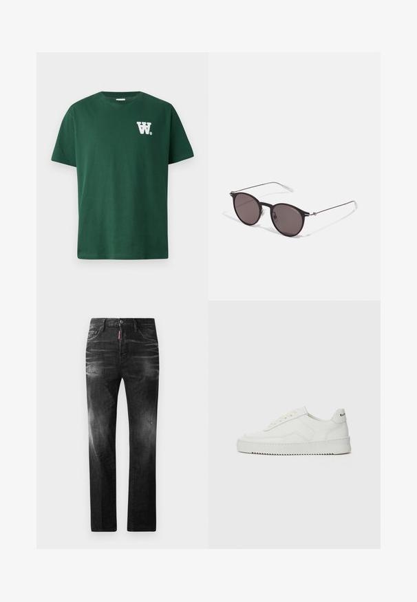 Grünes Baumwoll-T-Shirt mit Rundhalsausschnitt und kurzen Ärmeln, mit einem weißen "W"-Logo auf der linken Brust. Schlichtes Design, keine Muster.; Schwarze Jeans aus Denim mit geradem Schnitt. Verfügt über ausgebleichte Bereiche, leichte Abnutzung, klassisches Fünf-Taschen-Design und einen Knopfverschluss.; Weiße Ledersneaker mit glatter Oberfläche, runder Zehenpartie, flachen Schnürsenkeln und strukturiertem Sohlenprofil. Mit einem dezenten Logo an der Ferse.; Schwarze runde Sonnenbrille mit dunklen Gläsern und schlanken Metallbügeln. Enthält klare Tempelspitzen und silberne Akzente am Scharnier. Minimalistisches Design.