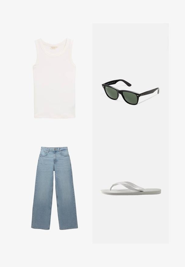 Weißes ärmelloses Tanktop aus weichem Stoff. Verfügt über einen runden Ausschnitt und eine schlanke Silhouette, ohne sichtbare Muster oder Akzente.; Hellblaue weit geschnittene Jeans aus Baumwoll-Denim, mit fünf Taschen, einem vorderen Knopfverschluss und minimalen Fransen am Saum.; Weiße Flip-Flops mit einer strukturierten Sohle und zwei schmalen Riemen. Die Riemen sind glatt mit dezentem Branding. Keine Muster oder zusätzlichen Akzente.; Schwarze Plastiksonnenbrille mit grünen Gläsern, quadratischen Rahmen, silbernem Akzent auf der Augenbraue und strukturierten Bügeln. Angegebene Marke auf dem inneren Bügel.