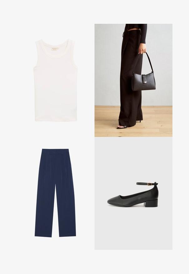 Débardeur blanc sans manches en tissu doux. Il dispose d'un col arrondi et d'une silhouette épurée, sans motifs ni accents visibles.; Pantalons larges bleu marine en tissu doux, dotés de pliures à l'avant, d'une texture lisse et d'une coupe droite sans poches visibles.; Escarpin en cuir noir avec un bout pointu et un petit talon bloc. Doté d'une bride de cheville avec une boucle dorée. Texture lisse.; Sac à main noir à la forme structurée, texture lisse et fermoir métallique. Associé à un pantalon noir ample et des sandales ouvertes sur un sol en bois.