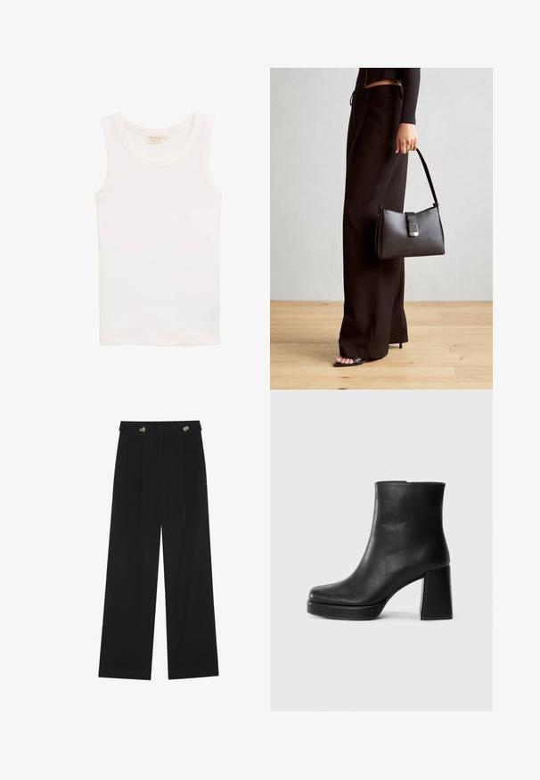 Weißes ärmelloses Tanktop aus weichem Stoff. Verfügt über einen runden Ausschnitt und eine schlanke Silhouette, ohne sichtbare Muster oder Akzente.; Schwarze weite Hosen mit hoher Taille, Knopfdetails am Bund und vorderen Falten.; Schwarze Leder-Stiefelette mit Blockabsatz und Plattformsohle, seitlich auf einem schlichten weißen Hintergrund betrachtet.; Schwarze Handtasche mit strukturierter Form, glatter Textur und einem metallischen Verschluss. Kombiniert mit weiten schwarzen Hosen und offenen Sandalen auf einem Holzboden.