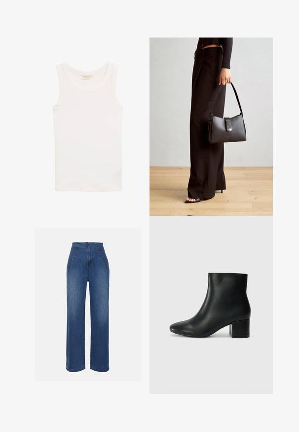 Top senza maniche bianco realizzato in tessuto morbido. Presenta una scollatura arrotondata e una silhouette snella, senza motivi o accenti visibili.; Jeans in denim a vita alta di un blu medio. Presentano dettagli con bottoni frontali e un design a gamba ampia. Il tessuto ha una texture liscia con un leggero sbiadimento.; Stivali neri in pelle fino alla caviglia con punta appuntita e tacco spesso. Texture liscia con minimi dettagli e un design elegante e aderente.; Borsa nera con forma strutturata, texture liscia e una chiusura metallica. Abbinata a pantaloni neri larghi e sandali open-toe su un pavimento in legno.