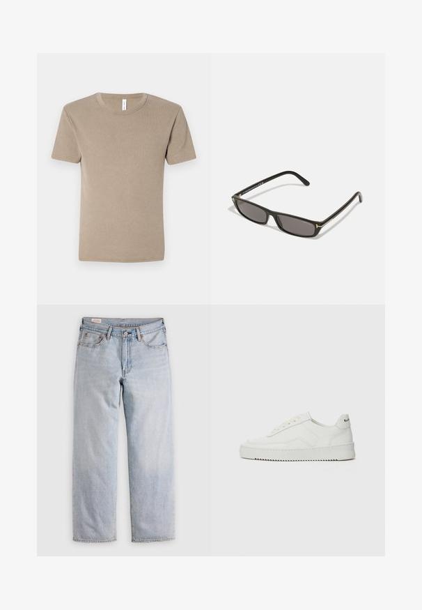 Braunes, kurzärmliges T-Shirt aus weichem Baumwollstoff. Es hat einen Rundhalsausschnitt und ein einfaches Design ohne Muster oder Verzierungen.; Helle blaue gerade geschnittene Jeans mit hoher Taille, Knopfverschluss sowie Vorder- und Hintertaschen, auf einer flachen Oberfläche präsentiert.; Weiße Ledersneaker mit glatter Oberfläche, runder Zehenpartie, flachen Schnürsenkeln und strukturiertem Sohlenprofil. Mit einem dezenten Logo an der Ferse.; Schwarze rechteckige Sonnenbrille mit dunklen Gläsern. Kunststoffrahmen mit matter Oberfläche. Goldene Akzente an den Bügeln und Logo-Branding.