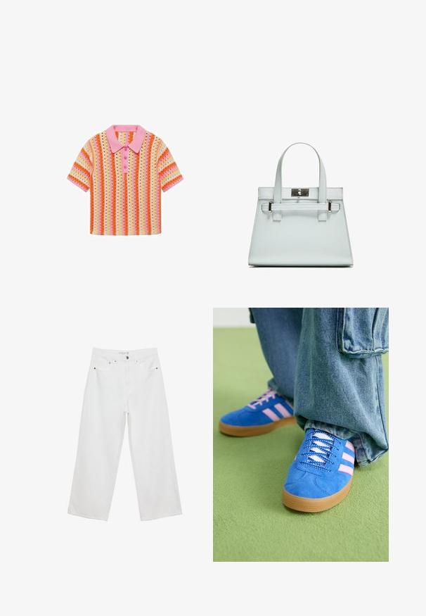 Polo a maniche corte in maglia con colletto rosa, caratterizzato da strisce orizzontali multicolori in arancione, giallo e rosa chiaro. Ha tre bottoni.; Jeans bianchi a gamba larga realizzati in denim con vita alta, dotati di cinque tasche e dettagli in metallo. Texture liscia, senza motivi visibili.; Scarpe scamosciate blu con strisce rosa e lacci bianchi, dotate di una suola in gomma, abbinate a pantaloni di denim larghi su una superficie verde.; Borsa a mano azzurro chiaro con design strutturato, due manici e chiusura in metallo tono argento. Materiale testurizzato e angoli acuti.