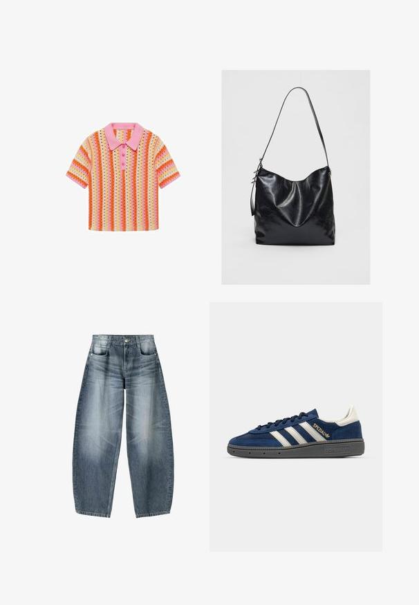 Stickad kortärmad polo med rosa krage, som har flerfärgade horisontella ränder i orange, gult och ljusrosa. Har tre knappar.; Vidjeans i ljusblå denim med blekningar, som har en femficksdesign, knappgylf och minimala sömnadsdetaljer.; Marinblå mockaskor med vita ränder, guld "Spezial" detalj, grå texturerad sula, rund tå och matchande snörning. Klassisk design.; Svart läderaxelväska med en mjuk, texturerad yta. Har en kurvad design och ett justerbart axelband. Ingen extra hårdvara.