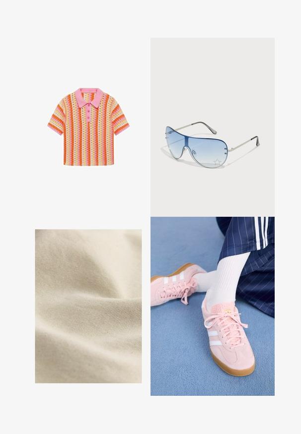 Polo tricotat cu mâneci scurte, cu guler roz, având dungi orizontale multicolore în nuanțe de portocaliu, galben și roz deschis. Are trei nasturi.; Material din bumbac bej, cu o textură moale și netedă, având un model de țesătură subtil; drapat pentru a arăta pliuri și cute delicate.; Sneakers din ultrasuede roz deschis cu dungi și șireturi albe, având o limbă texturată și o talpă din cauciuc, așezate pe un covor albastru.; Ochelari de soare aviator cu lentilă gradient albastră, ramă metalică argintie și accente decorative sub formă de stele pe lentilă. Design neted și elegant.