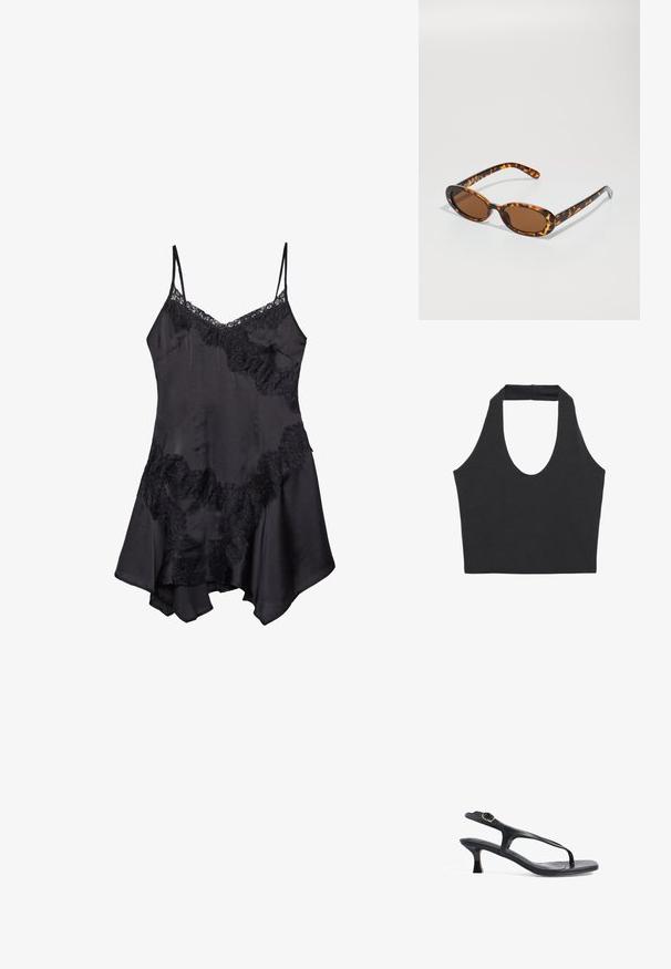 Čierny bezrukávový top s širokým výstrihom a pevným ramienkom na zadnej strane. Vyrobený z jemnej, elastickej látky. Klasický, minimalistický dizajn.; Čierne saténové šaty s čipkovým lemovaním, s nastaviteľnými ramienkami a rozšíreným okrajom, mäkká textura a ozdobné volániky.; Čierne kožené sandále s elegantným dizajnom, tenkými popruhmi a nízkym podpätkom. Obsahujú kovovú sponu a hladký, textúrovaný stielku.; Žlté slnečné okuliare s oválnymi rámami, hnedými sklami a štíhlymi čiernymi stranami s jemnými vzorovými akcentmi.; Čierna textúrovaná taška s krátkymi uchami, s kovovým zapínaním a akcentmi v zlatej farbe. Dizajn je štruktúrovaný, s geometrickým siluetou.