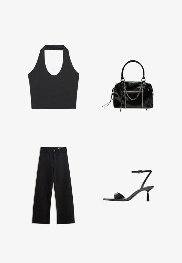 Czarny bezrękawnik z szerokim, okrągłym dekoltem i sztywnym paskiem z tyłu. Wykonany z miękkiego, elastycznego materiału. Klasyczny, minimalistyczny design.; Czarne dżinsowe spodnie o szerokich nogawkach i wysokim stanie, z przednimi i tylnymi kieszeniami, przeszyciami oraz zapięciem na guziki. Gładka struktura.; Bershka - Sandały na obcasie; Bershka - Torebka