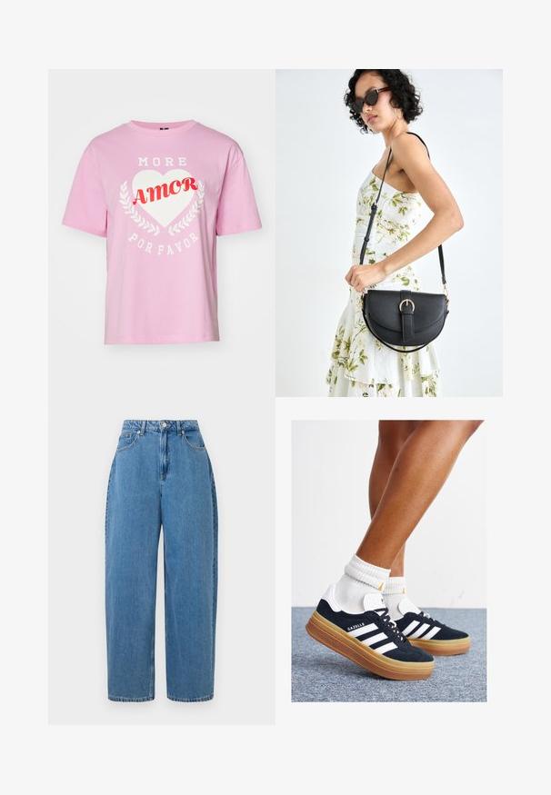 Vaaleanpunainen puuvillapaita lyhyillä hihoilla, pyöreällä kaula-aukolla, jossa on valkoiset tekstit "MORE" ja "POR FAVOR" valkoisen sydämen ympärillä sekä punainen "AMOR."; Vaaleansininen farkkuhousut suoralinjaisella mallilla, korkealla vyötäröllä ja etunappikiinnityksellä. Varustettu viidellä taskulla ja vähäisillä tikkausompeluksilla.; Musta mokkanahkainen tennari, jossa valkoiset raidat ja yksityiskohdat, pyöreä kärki, purukumipohja, yhdistetty valkoisiin ribbineuleisiin nilkkasukkiin.; Musta nahkainen käsilaukku, joka on kaareva muotoilultaan, irrotettavalla hihnalla ja kultaisilla yksityiskohdilla. Laukussa on läppä, jossa on solk yksityiskohta.