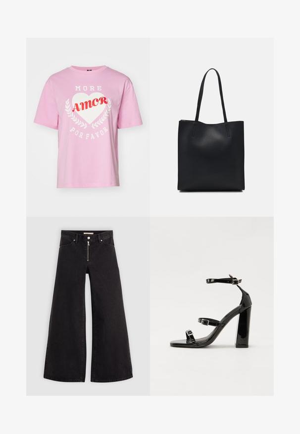 Pink bomulds T-shirt med korte ærmer, rundt udskæring, der har hvid tekst "MORE" og "POR FAVOR" omkring et hvidt hjerte og rød "AMOR."; Vide ben jeans i sort denim med lynlås foran, fem lomme-design og subtile stikninger. Glat tekstur og afslappet stil.; Sorte patenterede hælsandaler med firkantet tå, ankelremme og sølvspænder. Har en chunky blokHæl for stabilitet.; Sort læder tote taske med glat tekstur, rektangulær form og to lange hanke. Ingen synlig hardware eller udsmykninger.