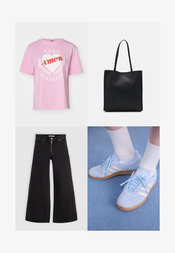 Rosa bomull t-skjorte med korte ermer, rund hals, med hvit tekst "MORE" og "POR FAVOR" rundt et hvitt hjerte og rødt "AMOR."; Vide benbukser i sort denim med glidelås i front, fem-lomme design og subtile sømdetaljer. Glatt tekstur og avslappet stil.; Lyseblå semsskinn sneakers med hvite striper, flate snørebånd og såle i gummi. Ribbet hvite sokker bæres over ankelen.; Svart lær tote bag med glatt tekstur, rektangulær form og to lange håndtak. Ingen synlige deler eller dekorasjoner.