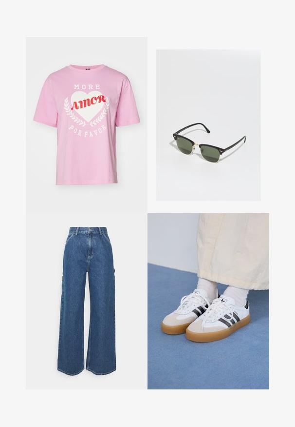 Rozā kokvilnas t-krekls ar īsām piedurknēm, apaļu kakla izgriezumu, ar baltu tekstu "MORE" un "POR FAVOR" ap baltu sirdi un sarkanu "AMOR."; Platleņķa zili džinsi ar augstu jostasvietu, kontrastējošām šuvēm un sānu kabatām, ar klasisku piecu kabatu dizainu un neapstrādātiem malām.; Baltas sporta apavi ar melnām svītrām un beisīgo zamšādu akcentiem. Ievies struktūrētu gumijas zoli un izkārtotas baltas šnerves, valkāti ar gaišiem zeķēm.; Melnas un zelta saulessargi ar zaļiem stikliem, ar kaķa acs formu, metāliskiem akcentiem un teksturētu rāmi.
