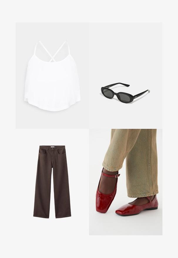 Top bianco senza maniche con spalline incrociate, orlo arrotondato e texture in tessuto morbido. Nessun motivo visibile o dettagli in metallo.; Pantaloni in denim a gamba larga di colore marrone scuro, con tasche frontali, vita standard e design classico a cinque tasche. Tessuto morbido e resistente.; Scarpe in pelle verniciata rossa con punta quadrata, tacco basso e cinturino alla caviglia, abbinate a jeans a gamba larga verdi chiari. Texture liscia, superficie riflettente.; Occhiali da sole neri con lenti ovali, montatura in plastica lucida e stecche sottili. Presentano il logo Ray-Ban in bianco sul lato.; Borsa tote in pelle intrecciata marrone con due manici, dalla forma strutturata e superficie texturizzata, caratterizzata da un motivo a diamante in tutto il suo corpo.